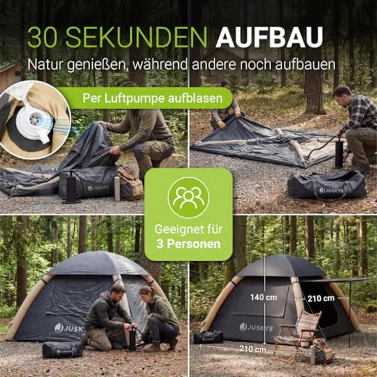 JUSKYS® EasyFlow M, Aufblasbares Camping Zelt für 3 Personen mit Vordach, wasserdicht, UV-Schutz LSF 50, inklusive LED-Lampe & Zubehör – Bild 2
