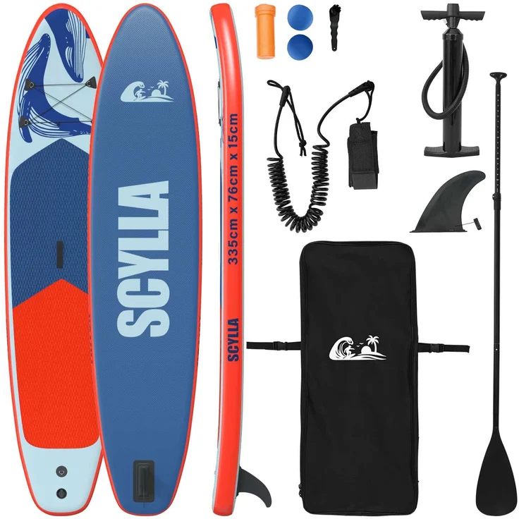 vidaXL Aufblasbares Stand Up Paddle Board SCYLLA, 335 x 76 x 15 cm, blau, robust, durchstichsicher, inkl. Aluminium Paddel und Zubehör