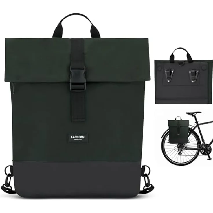 LARKSON Tammo Bike Fahrradtaschen für Gepäckträger, 2-in-1 Rucksack & Gepäckträgertasche, Dunkelgrün, wasserabweisend, 14-19 Liter Volumen, gepolstertes Laptopfach bis 15.6 Zoll