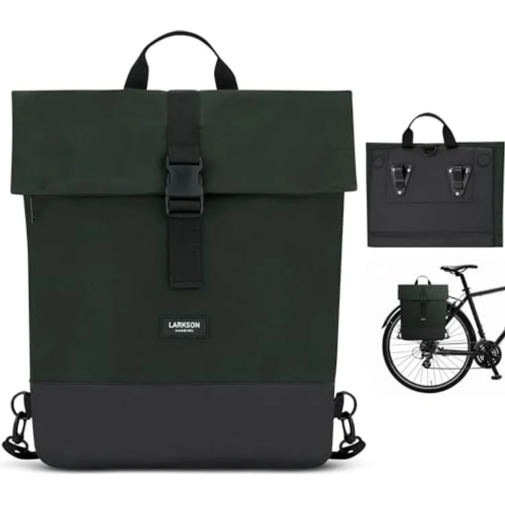LARKSON Tammo Bike Fahrradtaschen für Gepäckträger, 2-in-1 Rucksack & Gepäckträgertasche, Dunkelgrün, wasserabweisend, 14-19 Liter Volumen, gepolstertes Laptopfach bis 15.6 Zoll – Bild 1