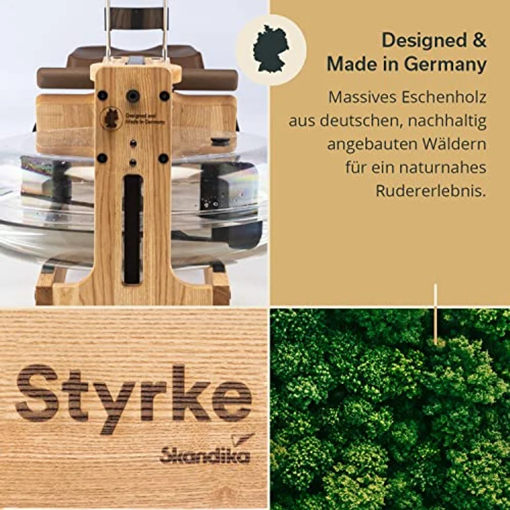 Skandika Wasserrudergerät Styrke | Designed and Made in Germany, Rudergerät Wasser aus Holz, Kinomap App-Funktion, Wasserrudergerät für Zuhause, Massive Esche, naturnahes Rudern (Styrke II) – Bild 2