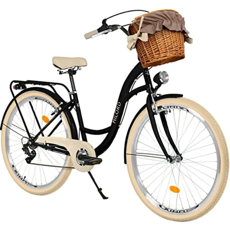 Milordbikes City-Fahrrad, Schwarz und Creme, 46 cm, Aluminiumfelgen, 700C x 35 mm City-Reifen, Freizeitrad mit hinterem Träger