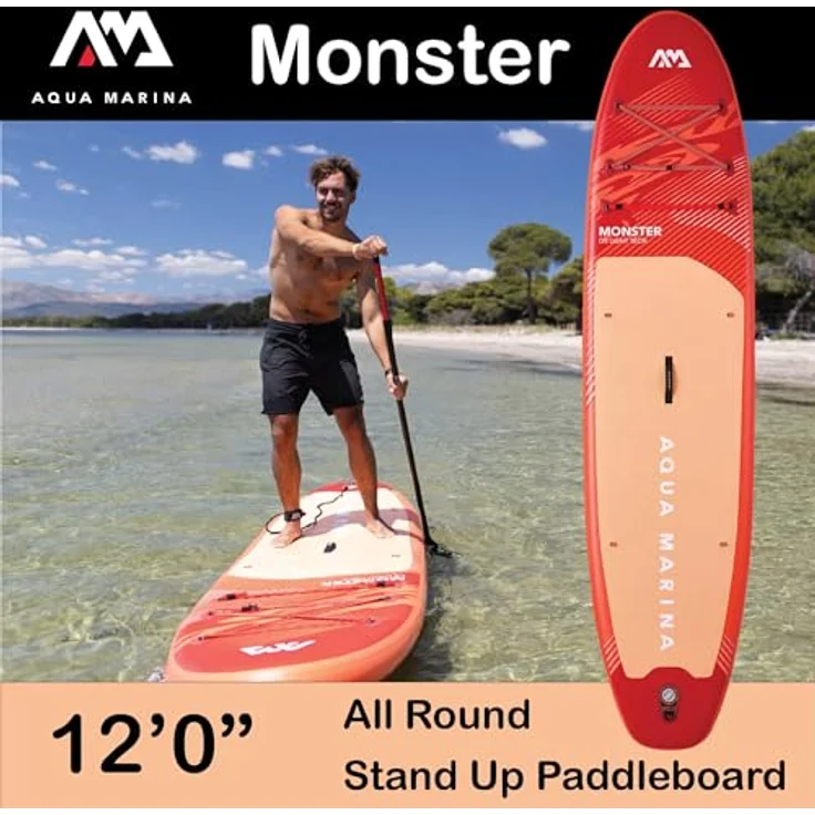 Aqua Marina Monster, aufblasbares Stand-Up-Paddleboard-Paket, 3,6 m, rote Spanngurte, Sandwellen-EVA-Fußpolster, Neopren-Tragegriff – Bild 2