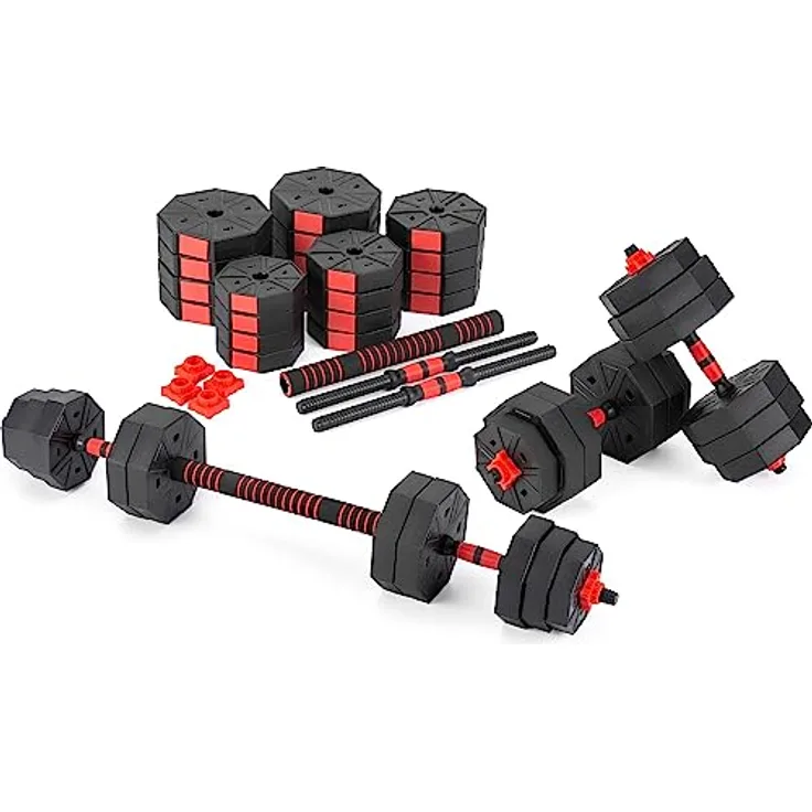 Gymtek Hanteln Set 2in1 Kurzhanteln und Langhantel, Verstellbar, Krafttraining Zuhause, 2er Set, Rot 2x20kg