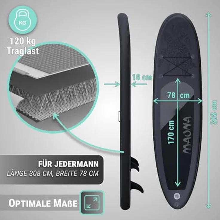 HAGO Stand Up Paddle-Board, 308 cm lang, Schwarz, Komplettset mit Alu-Paddel, Luftpumpe, Tragetasche, 120 kg Tragkraft – Bild 4