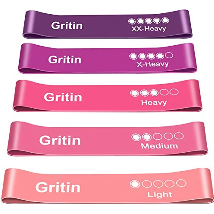 Gritin Theraband [5er Set], Fitnessband Resistance, 100% Latex, 5 verschiedene Widerstände, inkl. deutscher Übungsanleitung & Tragebeutel, ideal für Muskelaufbau, Yoga, Pilates, Physiotherapie – Bild 1