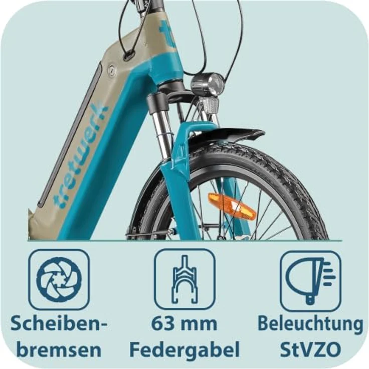 Tretwerk Camper E-Bike Klapprad 20 Zoll, 468 Wh Pedelec für Damen und Herren, beige/türkis – Bild 7