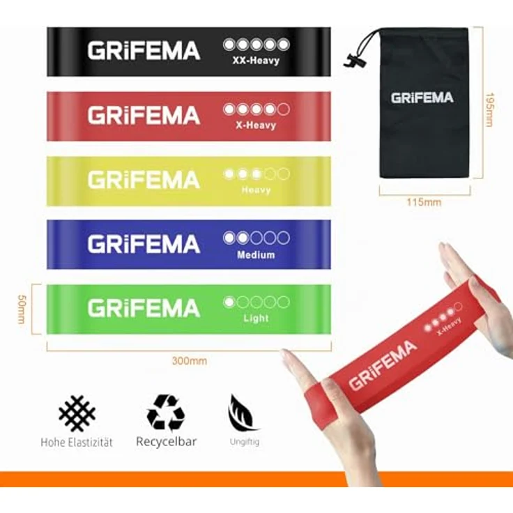 GRIFEMA Fitnessbänder [5er Set], Hochwertige Resistance Bands in verschiedenen Farben, inklusive Übungsanleitung & Tragebeutel für Pilates und Muskelaufbau – Bild 2