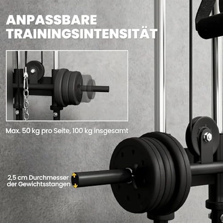 SPORTNOW Raftstation höhenverstellbar 25-165 cm, Kraftstation mit Dual-Pulley-System, schwarz, 120 kg Belastbarkeit – Bild 5