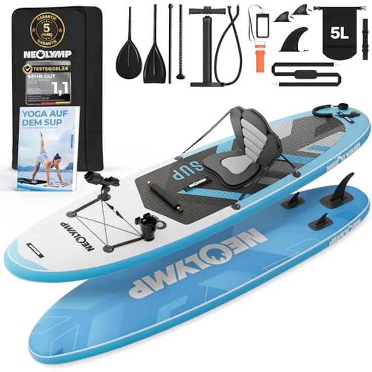 NEOLYMP Aufblasbares Stand Up Paddle Board 315 cm – SUP Komplett-Set 13-TLG. inkl. Kajaksitz, Doppelpaddel, Pumpe, Rucksack – bis 150 kg Traglast – für Kinder & Erwachsene – leicht und reisefreundlich