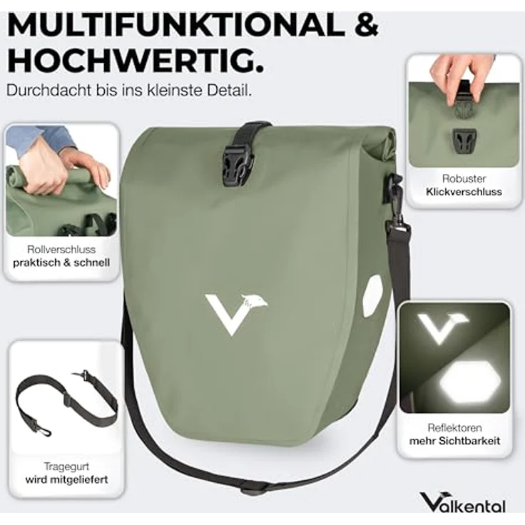 Valkental Gepäckträgertasche, wasserdichte Fahrradtasche mit 20L Füllvolumen und Reflektoren in Natur Grün – Bild 4