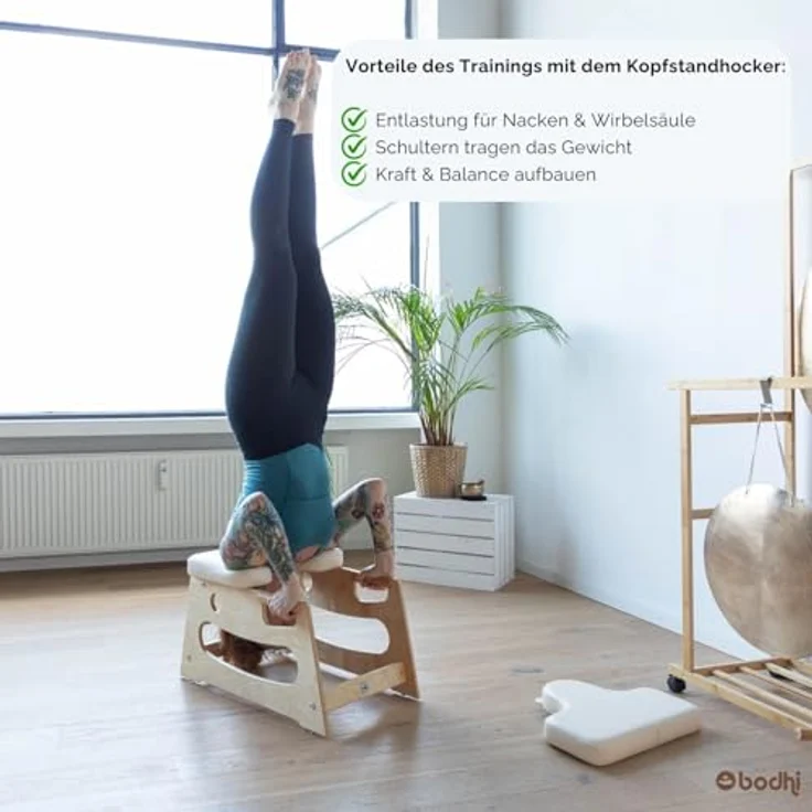 Bodhi Kopfstandhocker, Yoga Hocker aus Holz mit ergonomischen Griffen, Polster für Umkehrhaltung, inklusive Zusatzpolster, beige – Bild 5