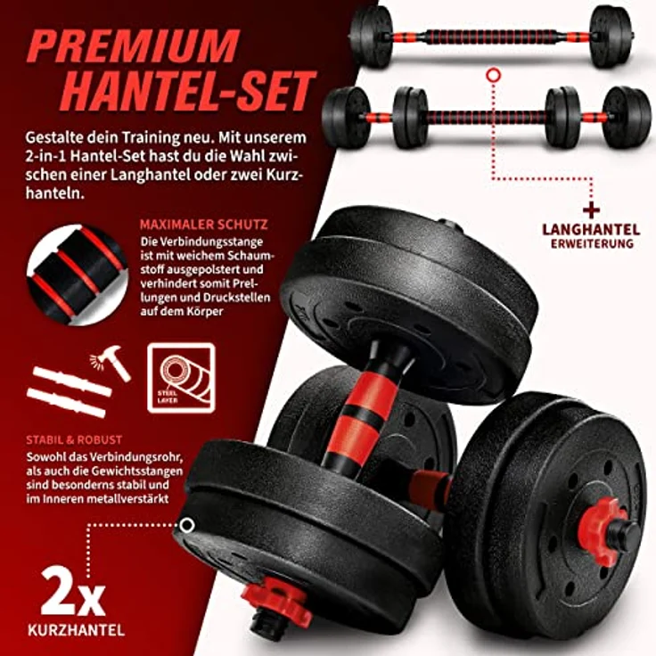 RE:SPORT 2 in 1 Hanteln Set 15 kg | Hantelset verstellbar | Kurzhantel & Langhantel | Sternverschlüsse & Verbindungsrohr – Bild 2