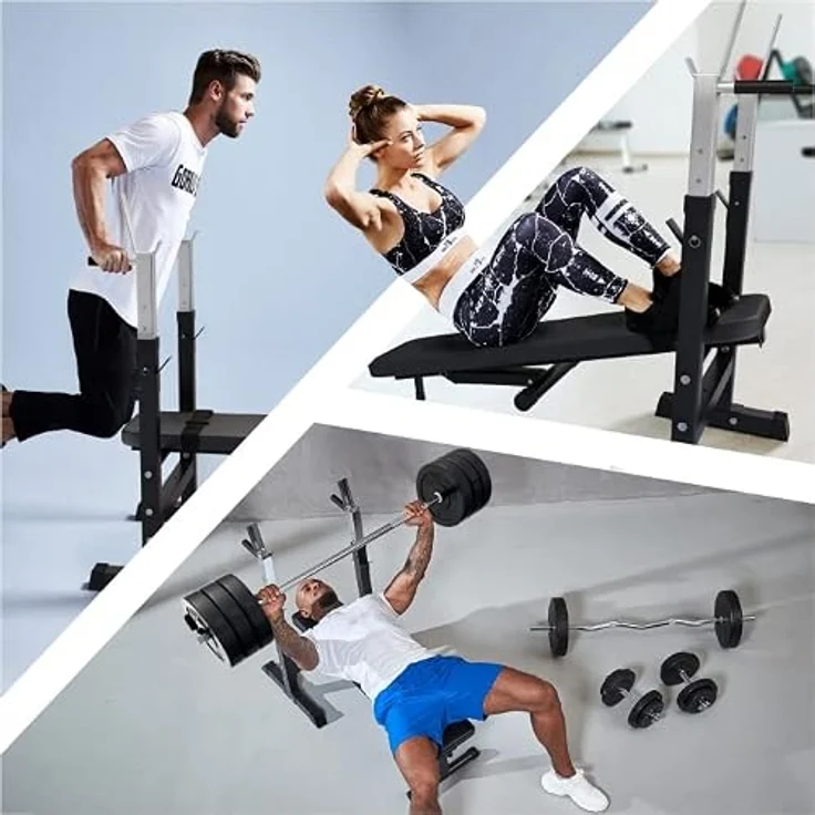 GORILLA SPORTS Hantelbank mit Ablage, Dip-Station, inkl. Hantelset 100kg, Klappbar, Schwarz/Weiß, für effizientes Krafttraining – Bild 14