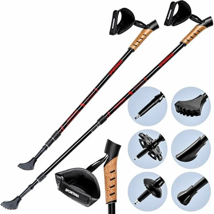 SPORTANA® Teleskop Wanderstöcke, Aluminium-Duralumin mit Anti-Shock-Federung, verstellbar 68-135 cm, farblich wählbar Rot, Orange oder Grau – Bild 1