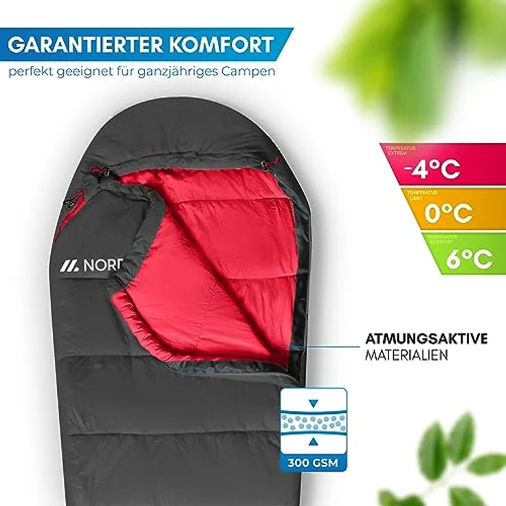 NORDMUT® Schlafsack Erwachsene Mumienschlafsack – Ultraleicht (900/1500g) mit 3-Jahreszeiten (250 GSM) & Sommerschlafsack (100 GSM) – Kompakt für Camping, Outdoor & Festivals, schwarz – Bild 3