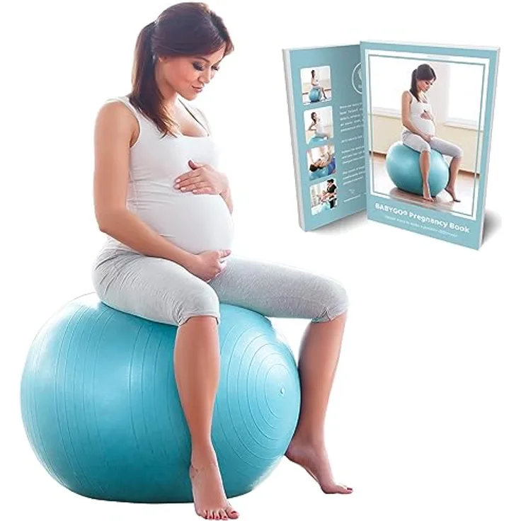 BABYGO Gymnastikball Schwangerschaft Sitzball Büro Schwanger Yoga Pezziball | inklusive Schwangerschaftsbuch zur Geburt & Fitness | Anti-Burst 1000kg Pezziball 65cm türkis