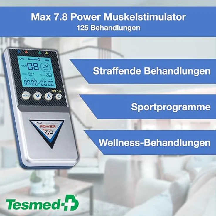 TESMED Max 7.8, Digital TENS-Massage + EMS Duo Elektrostimulationsgerät mit 4 Kanälen, für Muskelaufbau, inkl. 8 Elektroden, 125 Behandlungen – Bild 2