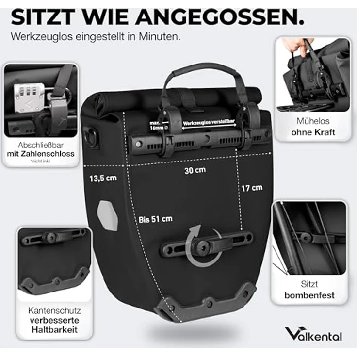 Valkental® Gepäckträgertasche ValkBasic, wasserdicht mit 18-22L Volumen, abschließbar, bombenfester Sitz, große Reflektoren – Bild 2