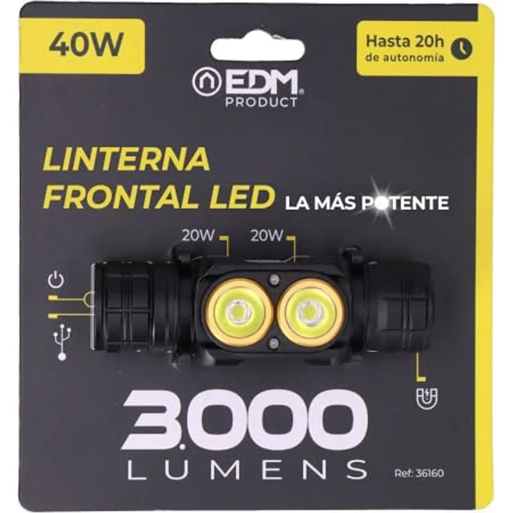 EDM Stirnlampe 3000 lm, 4 Modi, IP44, 2600mAh Lithium-Batterie, USB Typ-C, mit Stirnband und Magnet – Bild 5