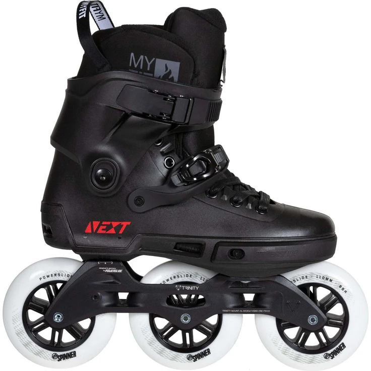 Powerslide NEXT Core Black 110, Unisex Freeskate in schwarz mit 3-Rollen-Design und TRINITY 3-Punkt-Befestigung, Größe 38-39