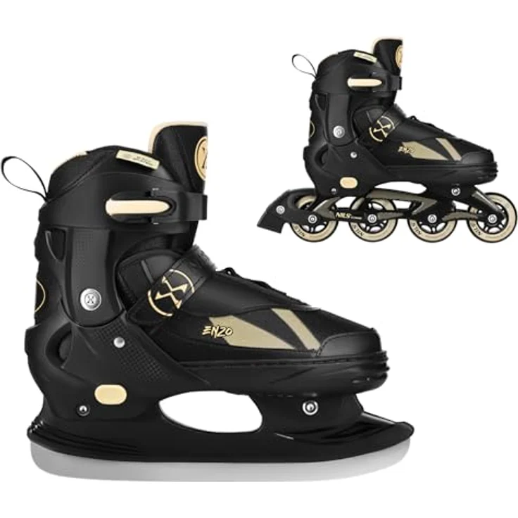 NILS CAMP 2-in-1 Inline Skates und Schlittschuhe, Größe S 32-35, Schwarz-Gold, ABEC-7 Kugellager, PU-Rollen 70mm – Bild 2