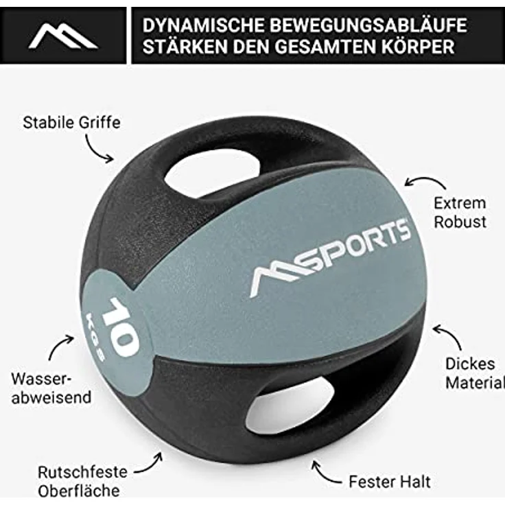 MSPORTS Medizinball Premium mit Griffe 1 – 10 kg – Professionelle Studio-Qualität Gymnastikbälle (10 kg - Hellgrau) – Bild 2
