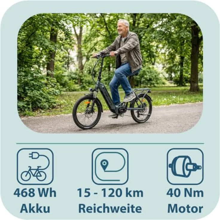 Tretwerk Camper E-Bike Klapprad 20 Zoll, 468 Wh Pedelec für Damen und Herren, beige/türkis – Bild 3
