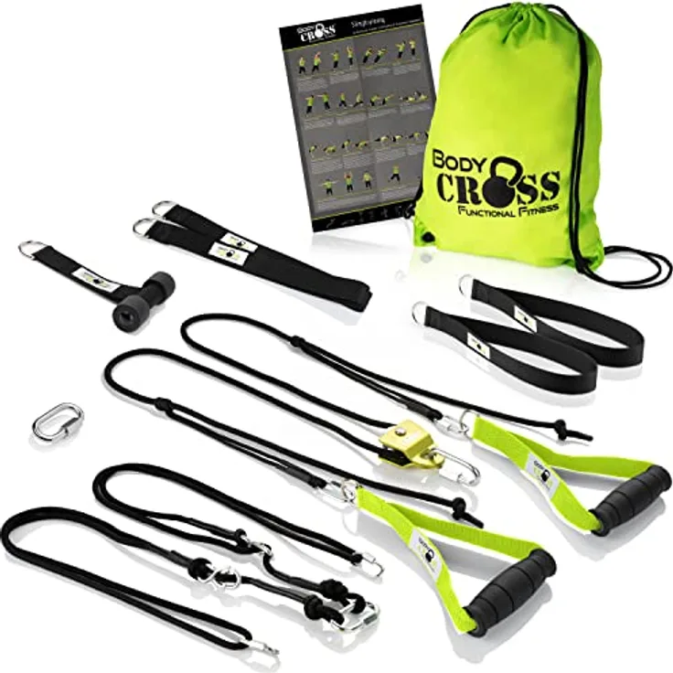PREMIUM Schlingentraining Set | Schlingentrainer mit Türanker und Sling Trainer mit Umlenkrolle | abnehmbare Griffe | Poster mit Übungen, Trainingsplan und Befestigungsschlaufe | (lim ohne Spacer)