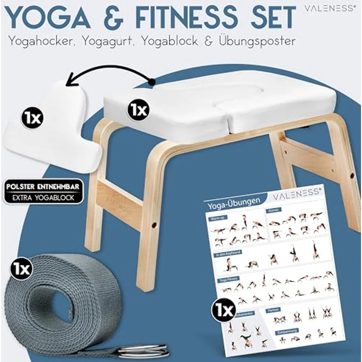 VALENESS Yoga Kopfstandhocker - Yoga Hocker inkl. Yogagurt, Yogablock & Übungsposter - Handstand Trainer aus Naturholz (weiß) – Bild 3