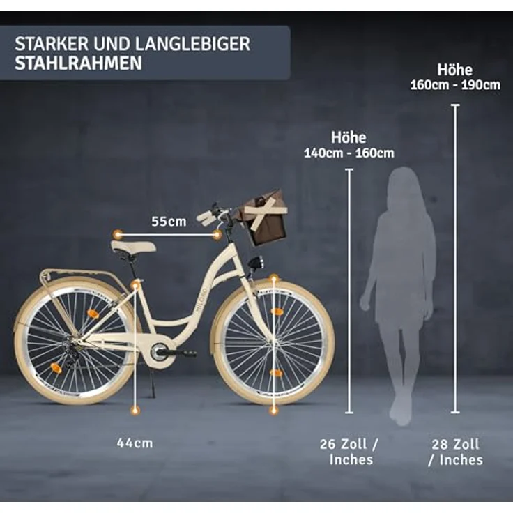 Milordbikes City-Fahrrad, Creme, 46 cm, Metall, Freizeit mit Aluminiumfelgen und hinterem Träger – Bild 3