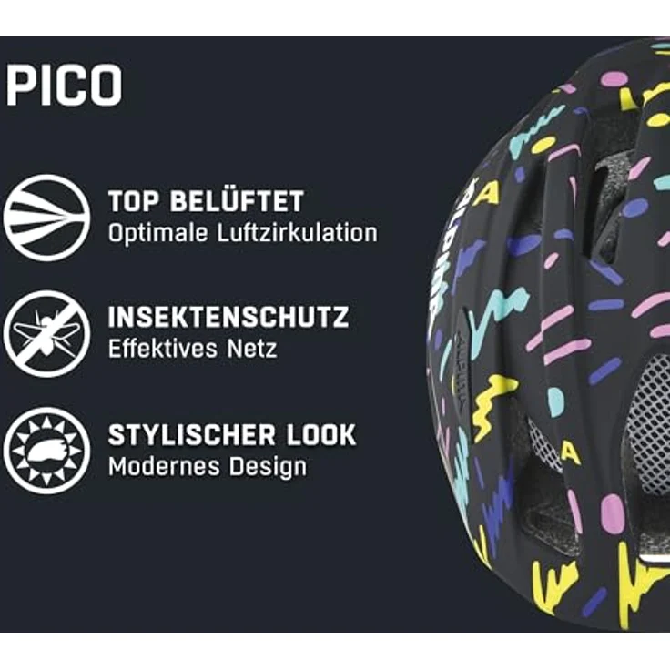 Alpina PICO Kinderfahrradhelm, Leicht, Klimatisiert & Bruchfest mit Fliegennetz, optional mit Licht, Black-Confetti Gloss, 50-55 cm – Bild 2