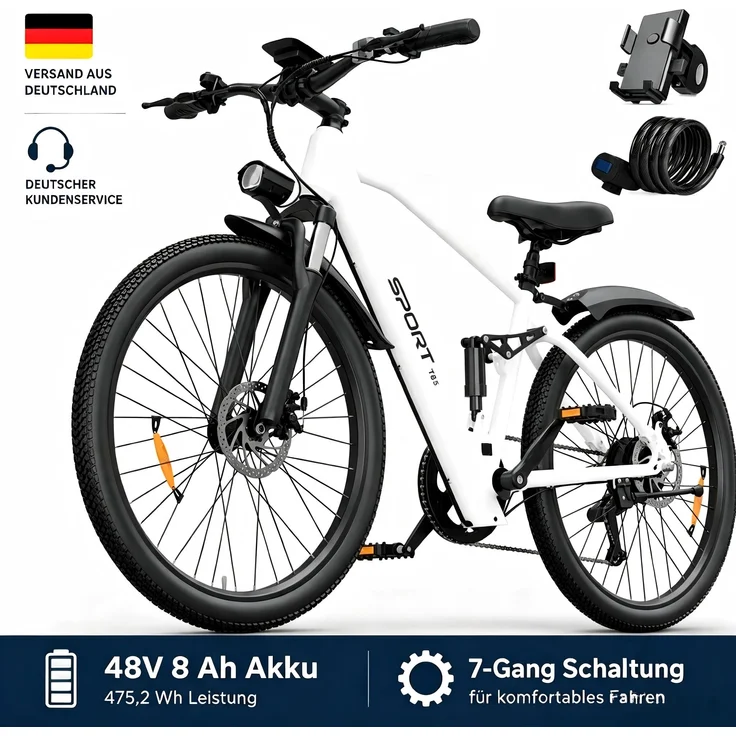 PiXELPiLOT T8S E-Bike, Trekking E-Bike mit doppelter Federung, 250W Pedelec, 48V 8Ah Akku, Shimano 7-Gang, LED-Licht, LCD Display