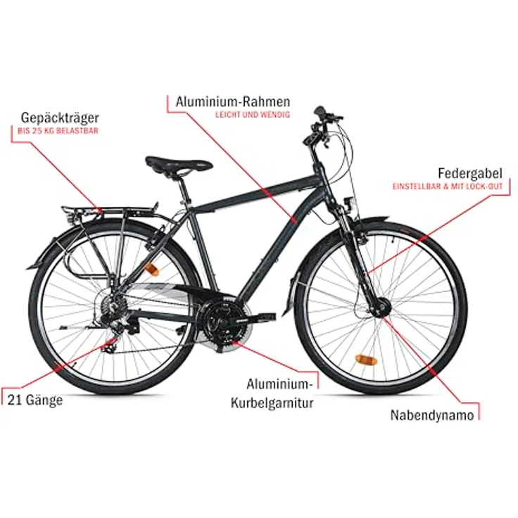 DACAPO Trekkingrad Firenze 100, 28 Zoll, Herrenfahrrad mit 21 Gängen, anthrazit, V-Brakes, RH 53 cm – Bild 4