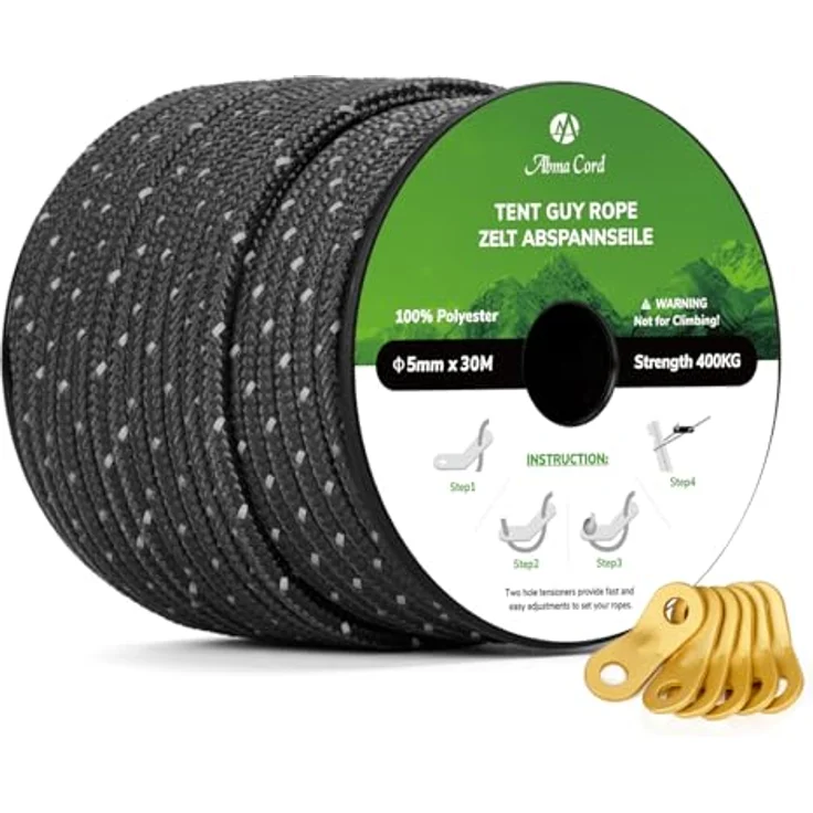 Abma Cord Zelt-Abspannseile mit 6 Seilspannern, 5mm Durchmesser, 30m Länge, reflektierende schwarze Schnur für Camping und Zelte – Bild 1