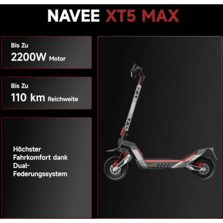NAVEE XT5 MAX E-Scooter, 700 W, 899 Wh, bis zu 110 km Reichweite, klassischer Roller in Schwarz, Grau oder Rot, 50 km/h, deutsche Straßenzulassung, 35,6 kg, versandkostenfrei – Bild 2