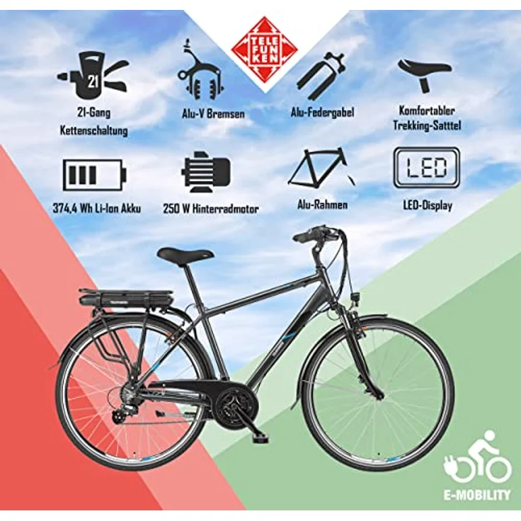 TELEFUNKEN E-Bike Herren Elektrofahrrad Alu 28 Zoll 21-Gang Shimano Kettenschaltung, 250W Motor, 10,4Ah Akku, XT481 Expedition, schwarz – Bild 5