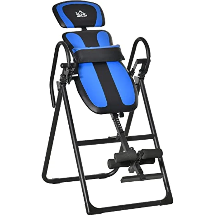 HOMCOM Inversionsbank klappbarer Schwerkrafttrainer mit zwei beweglichen Rädern eingestellt Rückenpolster Metall ABS Schwarz+Blau 132 x 71 x 145 cm