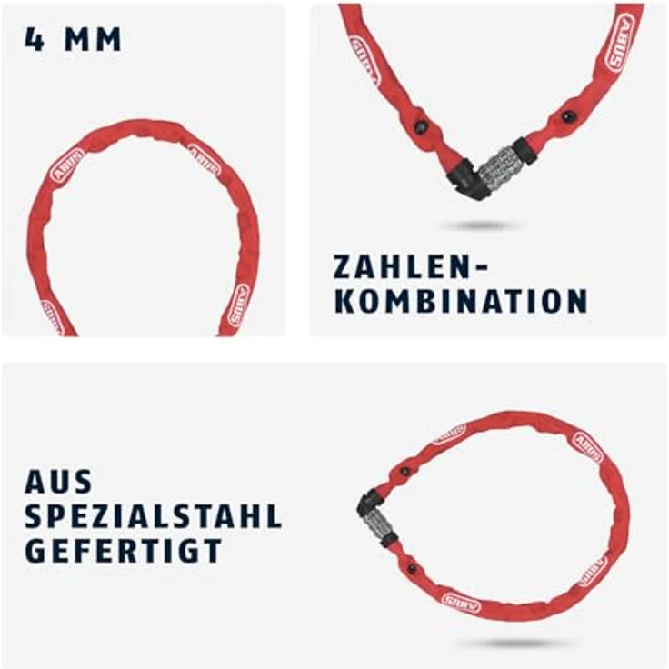 ABUS Kettenschloss 1200 Web, Zahlenschloss mit 3-stelliger Kombination, 60 cm, gehärteter Stahl, leichter Fahrradzubehör, Rot – Bild 4