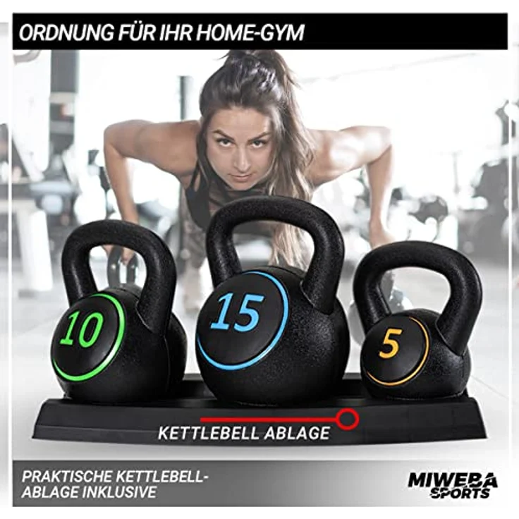 Miweba Sports Kettlebell Hanteln Set | Kugelhantel Set - Hantelset 5 | 10 | 15 lbs - Kettlebells - Schwunghantel - Inklusive Ablage für Kugeln - Gewichte für Anfänger/Fortgeschrittene/Profi – Bild 4