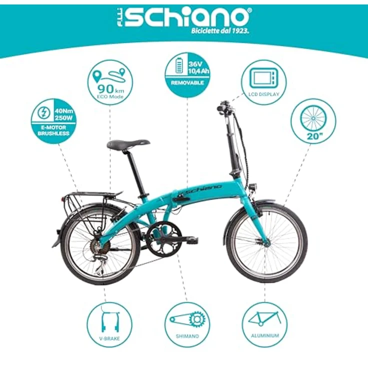 F.lli Schiano Galaxy, E-Bike Klappbar 20 Zoll mit 250W Motor, 36V 10.4Ah Akku, bis zu 90 km Reichweite, blau – Bild 2