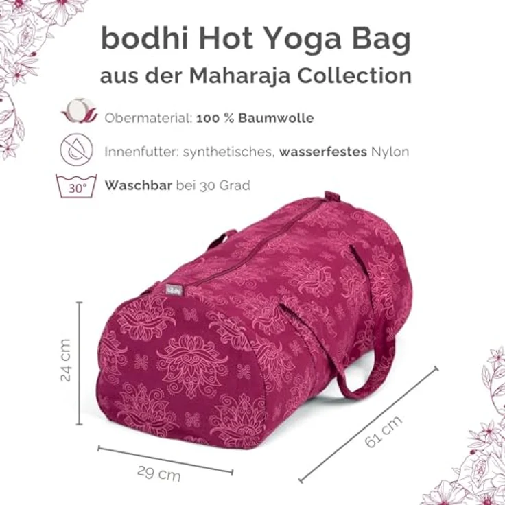 Bodhi Hot Yoga Bag | Maharaja Collection | Yogatasche aus Baumwolle mit wasserfestem Innenfutter | Große Yogamattentasche | Tasche für Yogamatte und Zubehör | Lotus/Berry – Bild 2