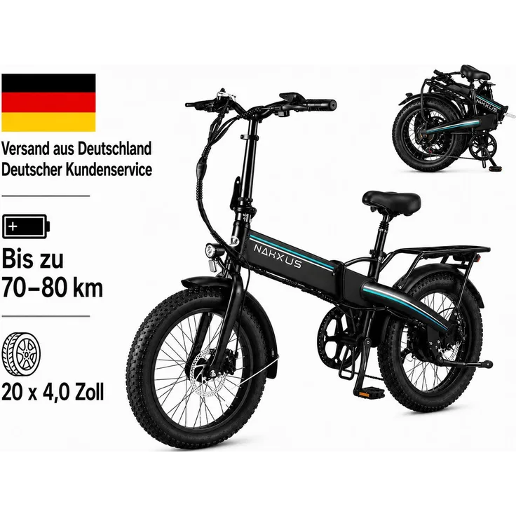 PIXAR F063 20 Zoll Klapp E-Bike Fatbike, 48V 11.6Ah Akku, 250W Pedelec 25 km/h, Shimano 7-Gang, Scheibenbremsen, LED-Beleuchtung, Faltbar für Stadt & Freizeit