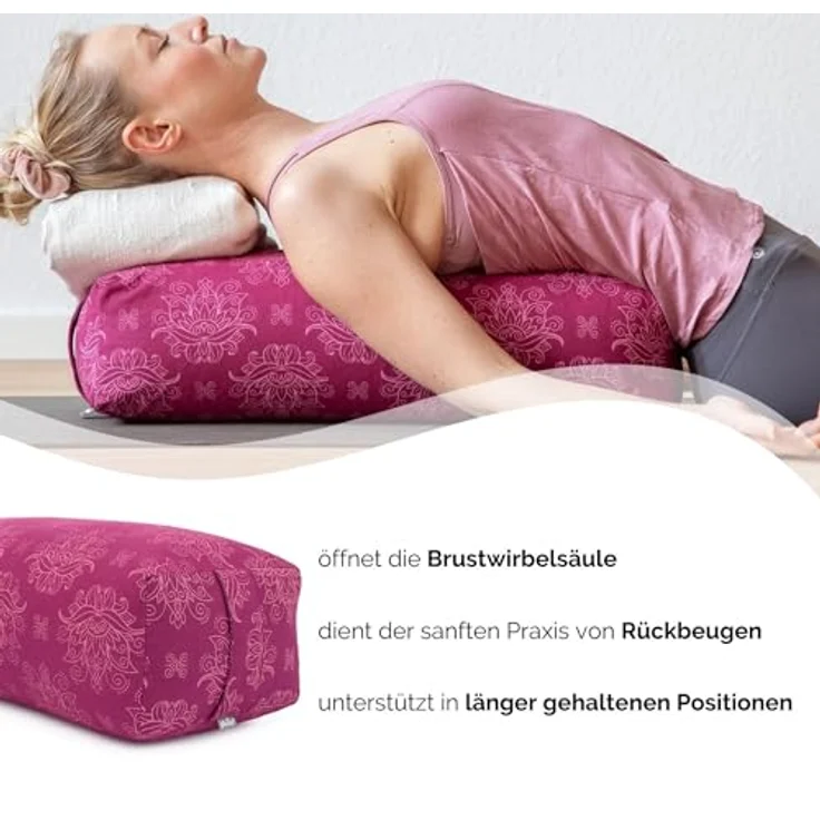 Bodhi Yoga Bolster SALAMBA Lotus | Maharaja Collection | Rechteckig | Waschbarer Bezug aus Baumwolle | Yogarolle mit Dinkelfüllung | Yoga Zubehör für Restorative Yoga und Yin Yoga | Berry – Bild 4