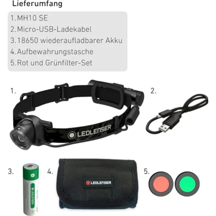 Ledlenser MH10 SE, LED Stirnlampe mit 600 Lumen, aufladbar, 150m Leuchtweite, fokussierbar, rotes Rücklicht, 70h Leuchtdauer, inkl. 18650 Akku, Gürteltasche und Rot/Grün-Filterset – Bild 5