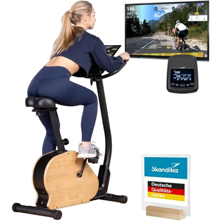Skandika Ergometer Treliv P8, Heimtrainer aus schwarzem Eisen mit MDF Holz, Magnetbremse 32 Stufen, LED Display, 22 Programme, Bluetooth Kinomap App kompatibel, bis 120 kg – Bild 1