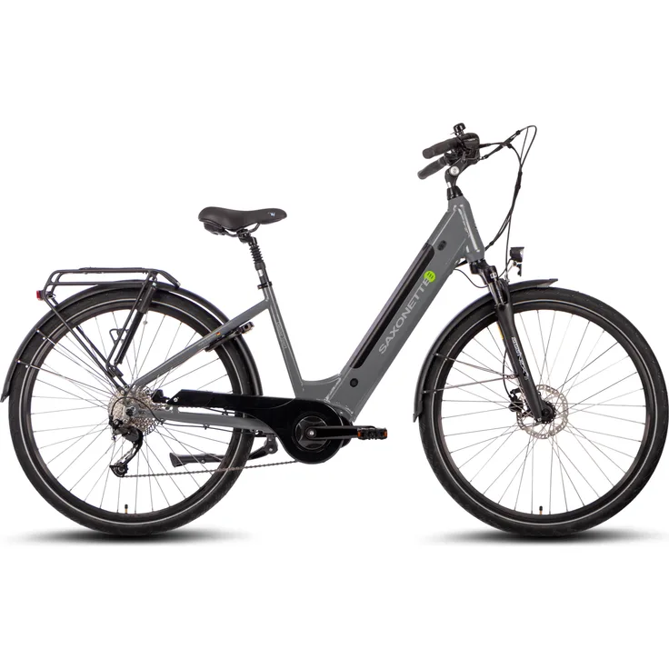 SAXONETTE E-Bike Deluxe Wave, 10 Gang, Mittelmotor 250 W, 418 Wh Akku, tiefeinsteiger, Grau, integrierter Gepäckträger