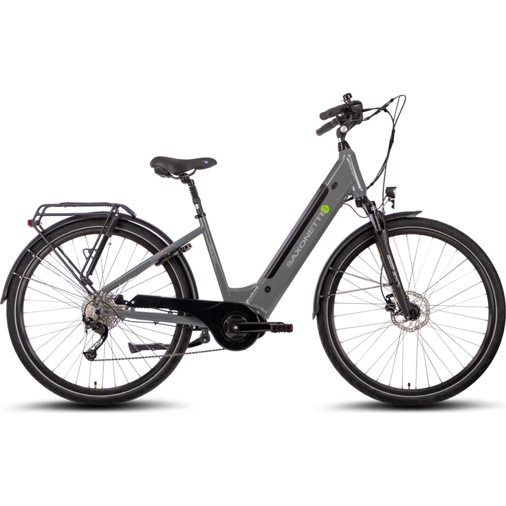 SAXONETTE E-Bike Deluxe Wave, 10 Gang, Mittelmotor 250 W, 418 Wh Akku, tiefeinsteiger, Grau, integrierter Gepäckträger