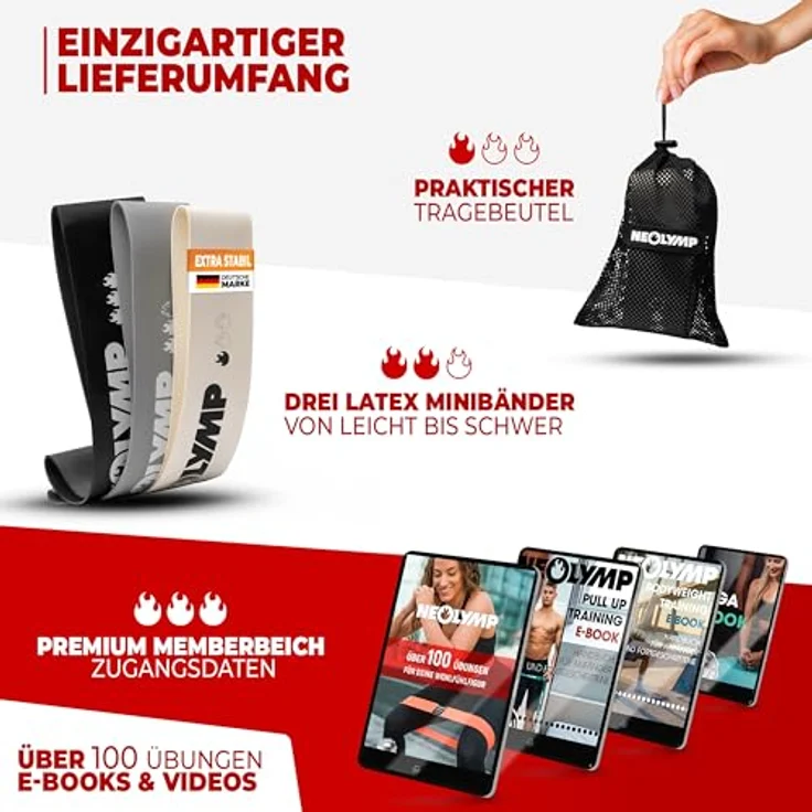 NEOLYMP 3er Fitnessbänder Set aus Naturlatex, reißfest mit Fitness E-Book und Tragebeutel, grau – Bild 5