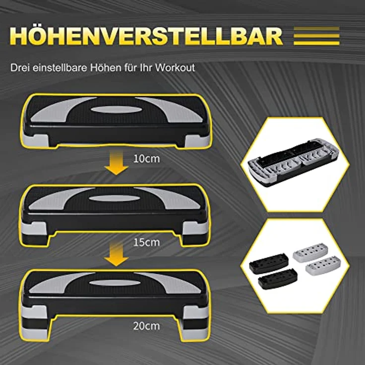 HOMCOM Steppbrett Aerobic-Stepper höhenverstellbar mit 3 Stufen (10/15/20 cm) Fitness Heimtrainer für Indoor Outdoor Belastbarkeit bis 150 kg 80 x 31 x 10-20 cm – Bild 4